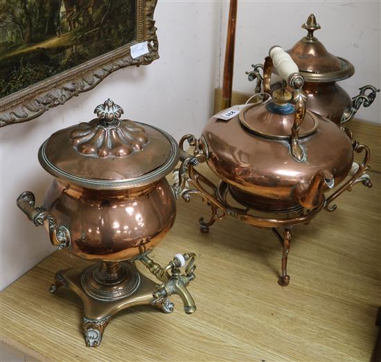 Two William IV copper hot water urns, a Victorian copper kettle on stand and a post horn